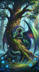 Naklejka premium Fantasy Dragon Wrapped Around Tree Trunk.