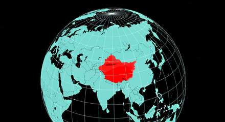 Naklejka premium Illustrated globe with China highlighted in red against a dark map background.