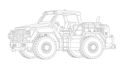 Rugged Utility Vehicle Blueprint: A detailed technical drawing showcasing a robust all-terrain vehicle, highlighting its powerful build and design elements. © hafs121