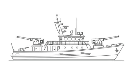 Naval Vessel Schematic: A detailed, technical illustration showcases a military-grade naval vessel. © AJM