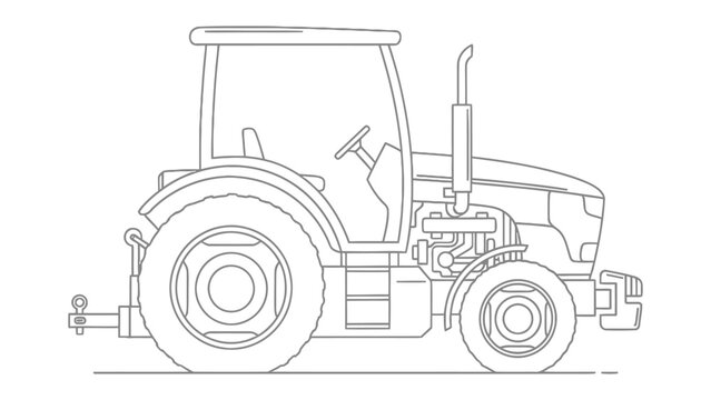 Detailed Tractor Outline: A precise, linear illustration of a robust tractor, a workhorse of agriculture, showcasing its intricate mechanical design and essential components.