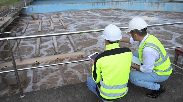 Professional environmental engineers inspecting a modern wastewater treatment plant process, monitoring water quality and aeration system for industrial sustainability and ecology.