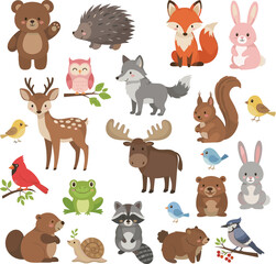 Fototapeta premium Cute Forest Animals Collection Cartoon Vector Set with Bear, Fox, Moose, Deer, Raccoon and Birds