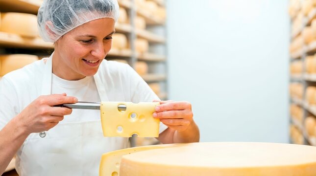 Female cheesemaker inspecting Swiss cheese slice. Smiling woman worker checking quality in cellar