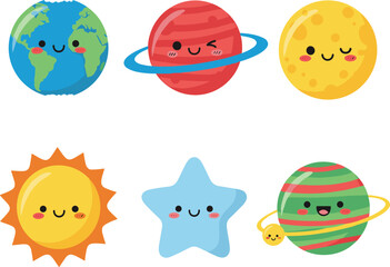 Cute Kawaii Solar System Characters Vector Set with Earth, Sun, Moon, Planets and Star © MstSheule