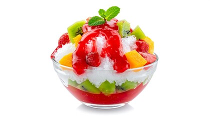 Shaved ice with fresh fruit pieces and red syrup, isolated on white background for healthy life style concept