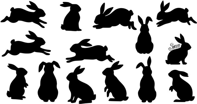 Black Rabbit Silhouettes Collection: Various Poses  Leaping, Sitting, Standing. Ideal for Easter, Spring, and Wildlife-themed Designs.