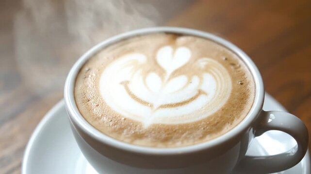 A steaming cup of coffee with latte art on top.