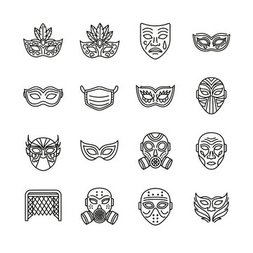 Diverse Collection of Mask Line Art Icons for Various Themes