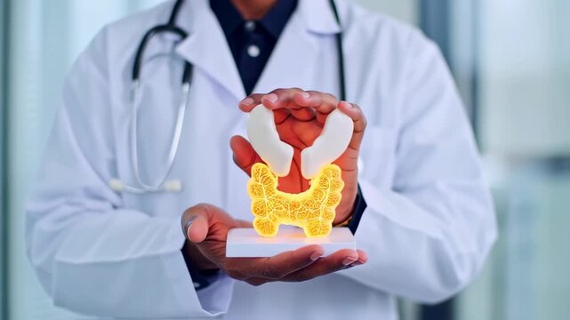 Doctor Holding 3D Thyroid Gland Model.