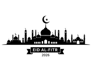Fototapeta premium Panoramic Silhouette of a Grand Mosque Complex with Minarets and Domes for Eid al-Fitr 2026 Celebration, Minimalist Black and White Vector Illustration for Islamic Greeting Cards. 