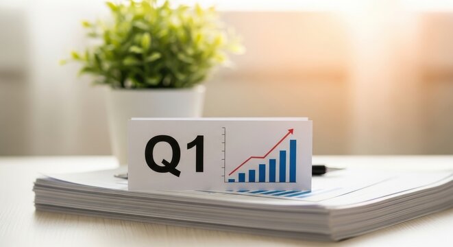 First quarter business growth concept with q1 sign and bar graph