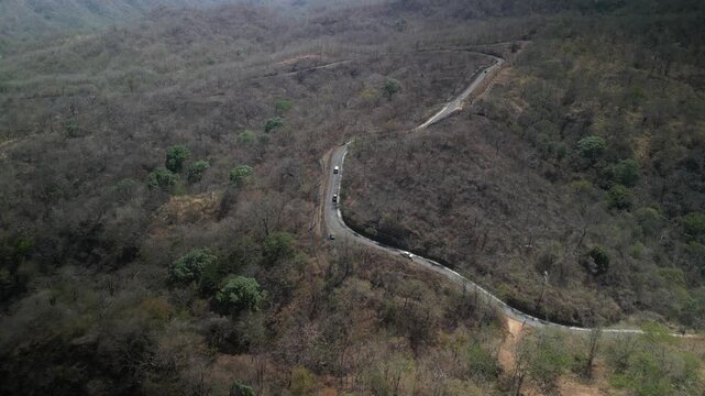 Aerial of Ruta 911 in Nuevo Colon Costa rica narrow mountain pass in dry hillsides