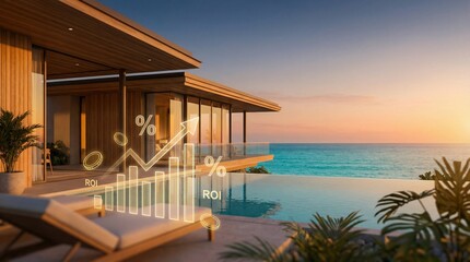 Obraz premium Luxury Beachfront Villa Investment Concept with Financial Growth Graph and Golden Coins at Sunset