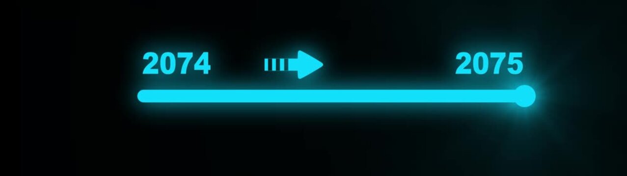 Futuristic digital slider interface displaying the transition from year 2074 to 2075 with a glowing cyan progress bar and arrow on a dark background
