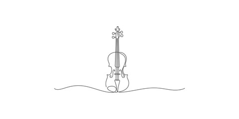 A minimalist continuous line art drawing of a violin on a clean white background © SR