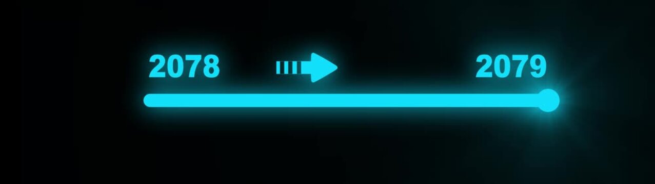 Bright cyan digital slider interface showing the transition from year 2078 to 2079 with a glowing progress bar and arrow on a dark background, symbolizing future advancement and temporal flow