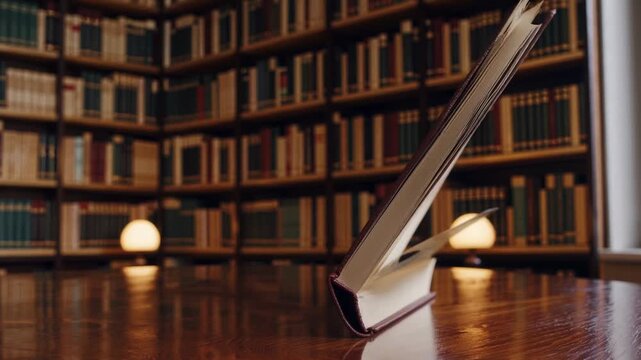 Open book on wooden table library, slow page motion and warm lamp glow; closeups of fanned pages, dusty bindings, scholar reading notes, librarian shelving rare volumes, student flipping chapters