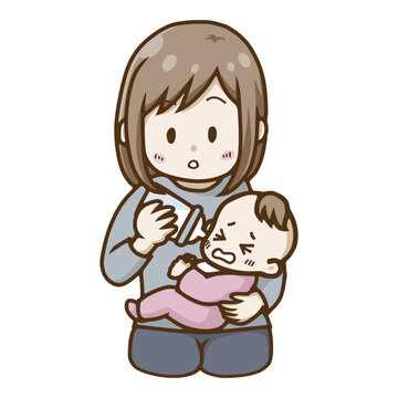 泣く赤ちゃんに哺乳瓶でミルクをあげて驚く・気づく母親のイラスト（授乳の悩み・ミルク拒否）