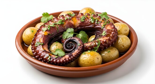 Polvo &agrave; Lagareiro Portuguese Octopus Dish Isolated on White Background
