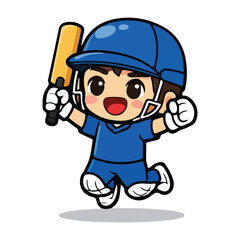 Fototapeta premium Cute Chibi Cricket Player Celebration Jump – Flat Color Cartoon Character