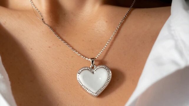 Elegant silver heart locket necklace on woman's chest with white shirt