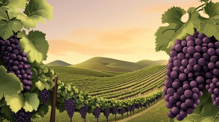 Naklejka premium Lush Vineyard Landscape with Rolling Hills and Grapes