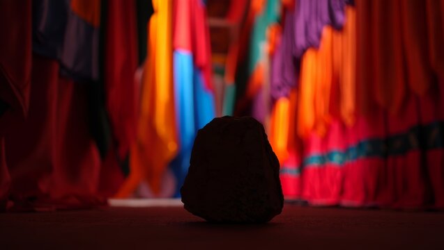 Lone Rock Against Vibrant Fabric Background