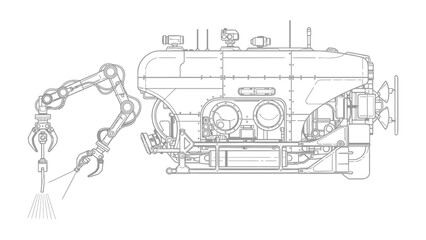 Obraz premium Submarine Robotics Exploration: An illustration showcasing the intricate design of a submarine with an attached robotic arm, highlighting the exploration of underwater environments.