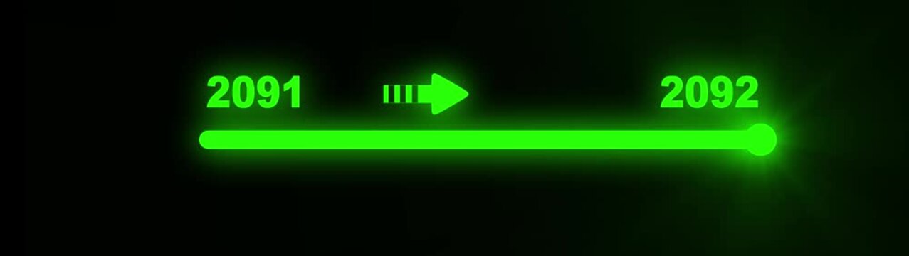 Bright green neon progress bar from 2091 to 2092 on a dark background with a directional arrow and slider symbolizing future movement and technological progress