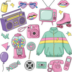 Vibrant Retro Lifestyle Icon Set: 80s and 90s Nostalgia Featuring Boombox, Roller Skates, Cassette, and Pop Culture Elements © MstSheule