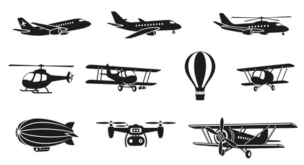 Collection of Aircraft Icons: Jets, Helicopters, Planes, Drone, Blimp, Hot Air Balloon © Salak