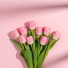 Obraz premium Beautiful Spring Composition with Pink Tulip Bouquet on Pastel Pink Background – Flat Lay with Copy Space for Valentine’s Day, Easter, Women’s Day and Mother’s Day