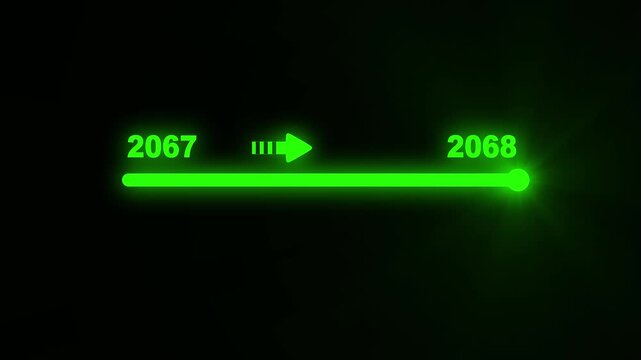 Neon green progress bar the progression from 2067 to 2068 with a bright glowing slider and arrow on a black canvas signifying future development and technological evolution