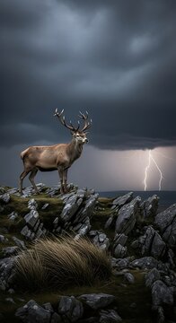 Deer Standing on Rocky Cliff During Storm.