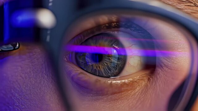 Advanced digital eye scanning with neon effects. Biometric check using modern technology and luminous reflections. Futuristic optical assessment involving neonlit iris imaging for security purposes