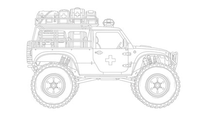 Off-Road Ambulance Car: The rugged vehicle stands ready for action, embodying strength and capability with its specialized design and equipment. © hafs121