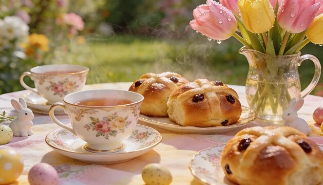 elegant garden tea party table with hot cross buns and tulips perfect for easter