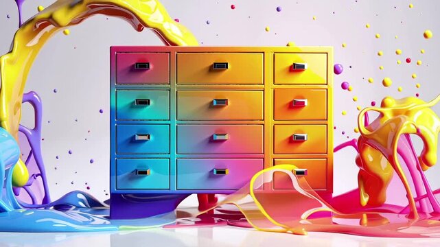 Colorful dresser with paint splashes around.
