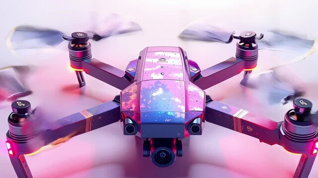 Drone with colorful lights and propellers.