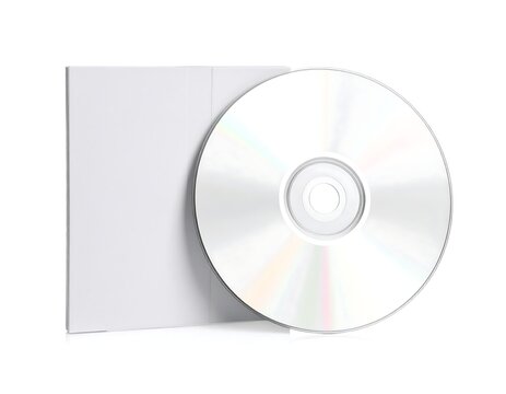 A blank CD rests near a sleeve, both are stark white, casting soft shadows on a plain background