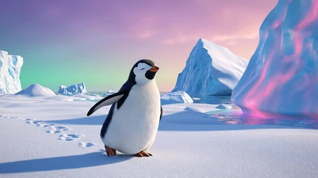 A charming animated penguin waddles across a snowy landscape. Soft pastel colors illuminate the arctic scene