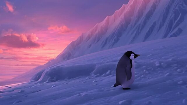 A charming animated penguin waddles across a snowy landscape. Soft pastel colors illuminate the arctic scene