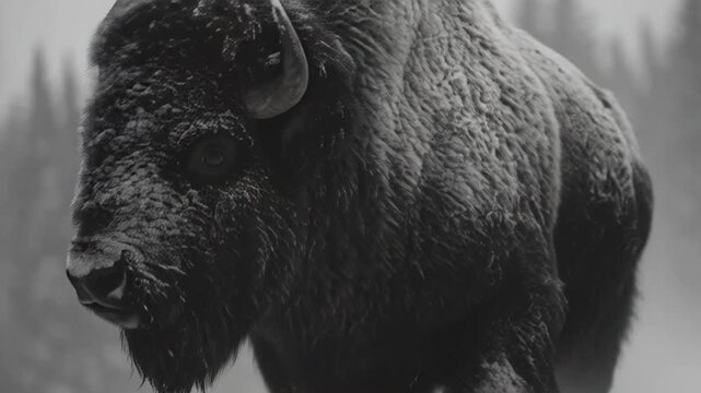 Bison in deep snow while snowing slow motion. Slow motion young grizzly sticks face deep into bison carcass in river.