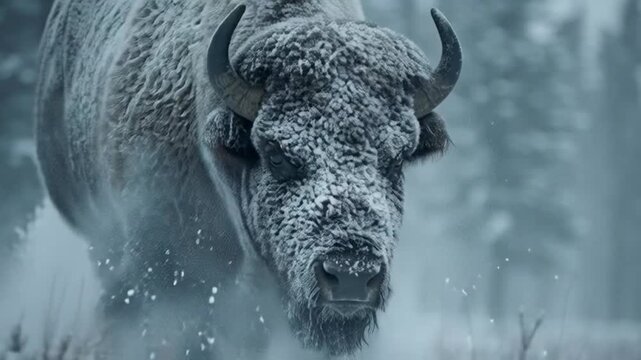 Bison in deep snow while snowing slow motion. Slow motion young grizzly sticks face deep into bison carcass in river.