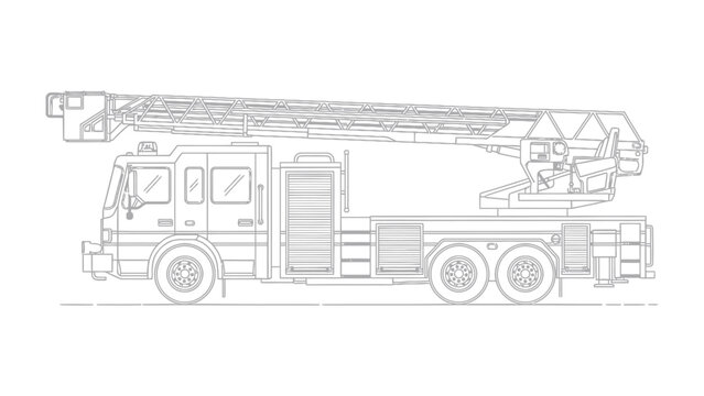 Fire Truck Blueprint: A detailed blueprint of a modern fire truck with its ladder extended. This technical illustration showcases the complex design and functionality of the vehicle.