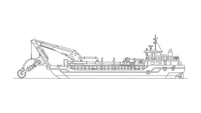 Dredger vessel: A detailed line drawing of a dredger vessel showcases its complex machinery, used for dredging and excavation operations in waterways, a symbol of infrastructure development.