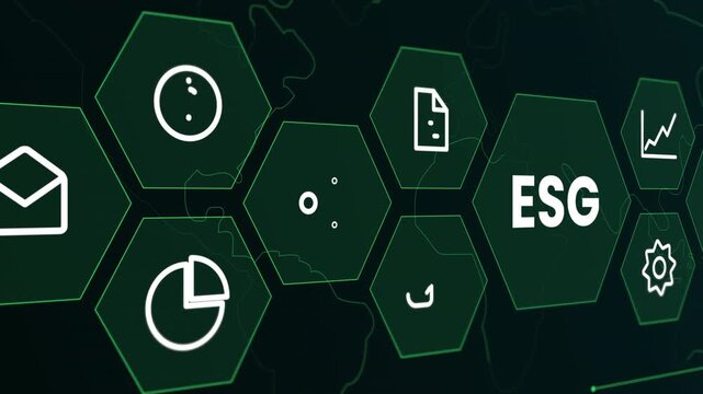 Digital interface showing ESG business icons within a hexagonal grid structure for corporate sustainability and governance monitoring.