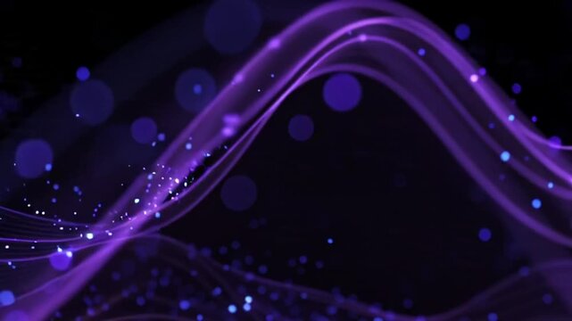 purple glowing waveform with luminous particle dots forming a dynamic audio signal line, blue symbolizing sound energy, frequency modulation, digital music, violet seamless sonic technology loop