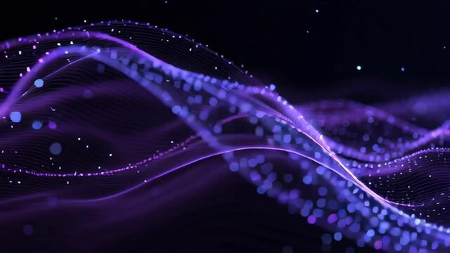 purple glowing waveform with luminous particle dots forming a dynamic audio signal line, blue symbolizing sound energy, frequency modulation, digital music, violet seamless sonic technology loop